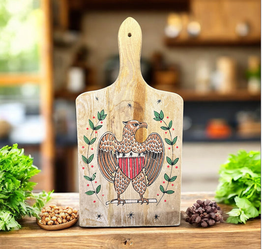 Vintage Hand-Painted Wooden Cutting Board – Folk Art American Eagle Tattoo Style