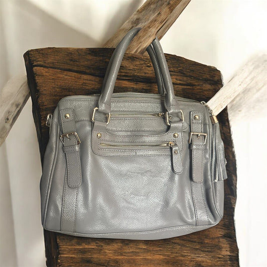 Erica Anenberg Pebbled Leather Satchel Handbag in Gray with Tassel Detail
