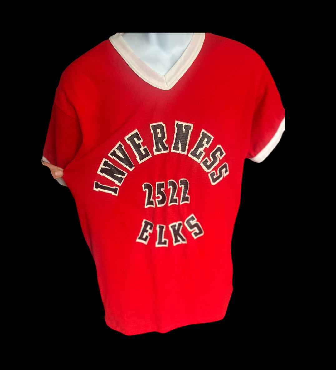 Vintage 70s Inverness Elks Team Tee – Red Varsity V-Neck Jersey #16