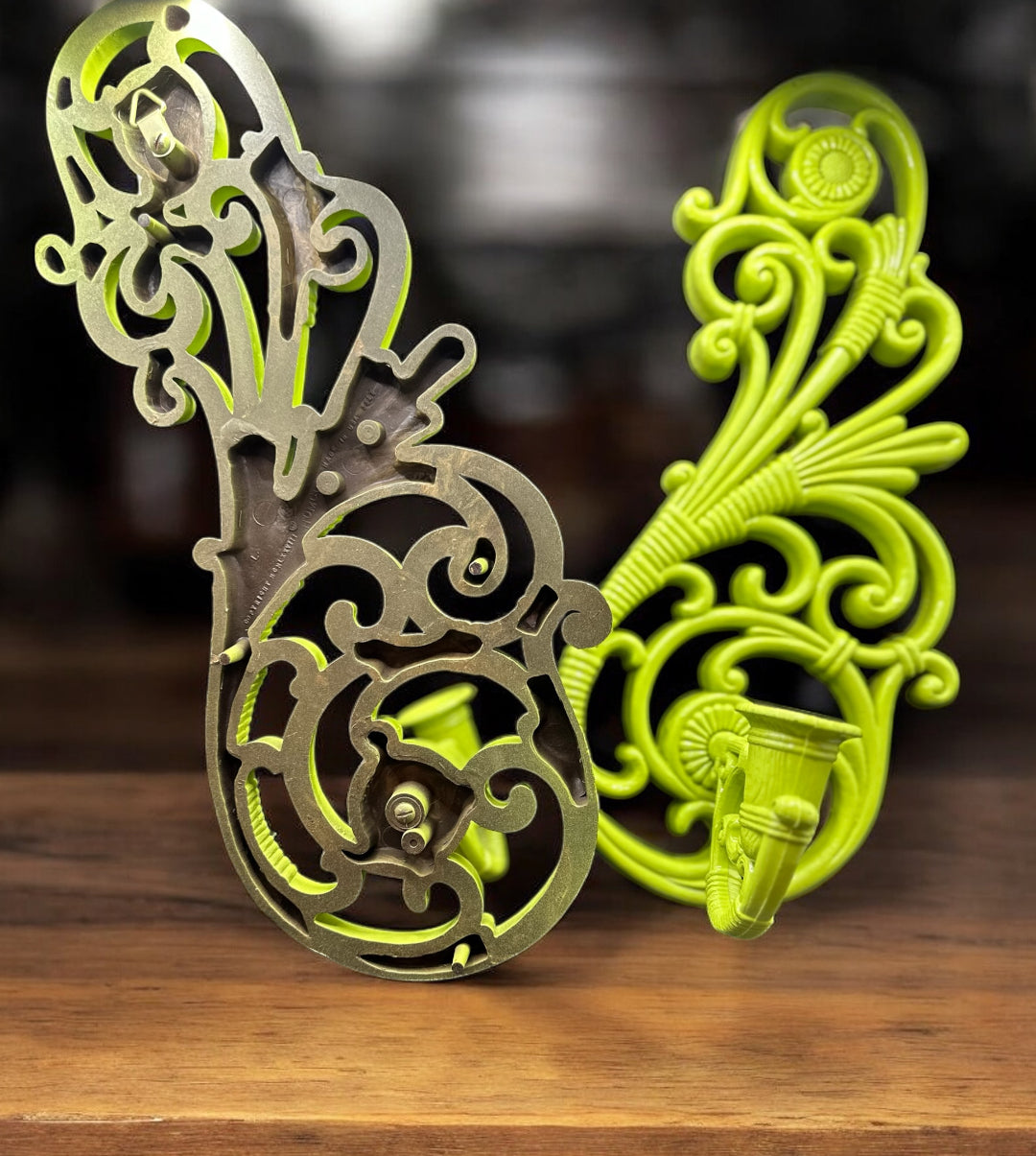 Vintage 1978 Homco Wall Sconces – Ornate Pair, Lime Green Refinished