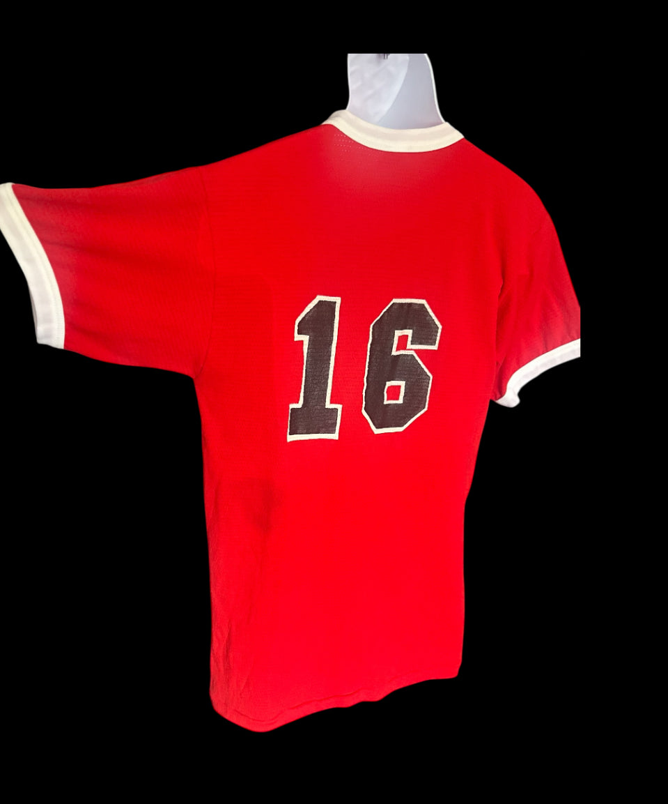 Vintage 70s Inverness Elks Team Tee – Red Varsity V-Neck Jersey #16