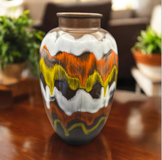 “Vintage MCM Studio Pottery Vase, CM Signed, 9.5” — Drip/Lava Glaze in Rust, Mustard & White, Brown Ground.”