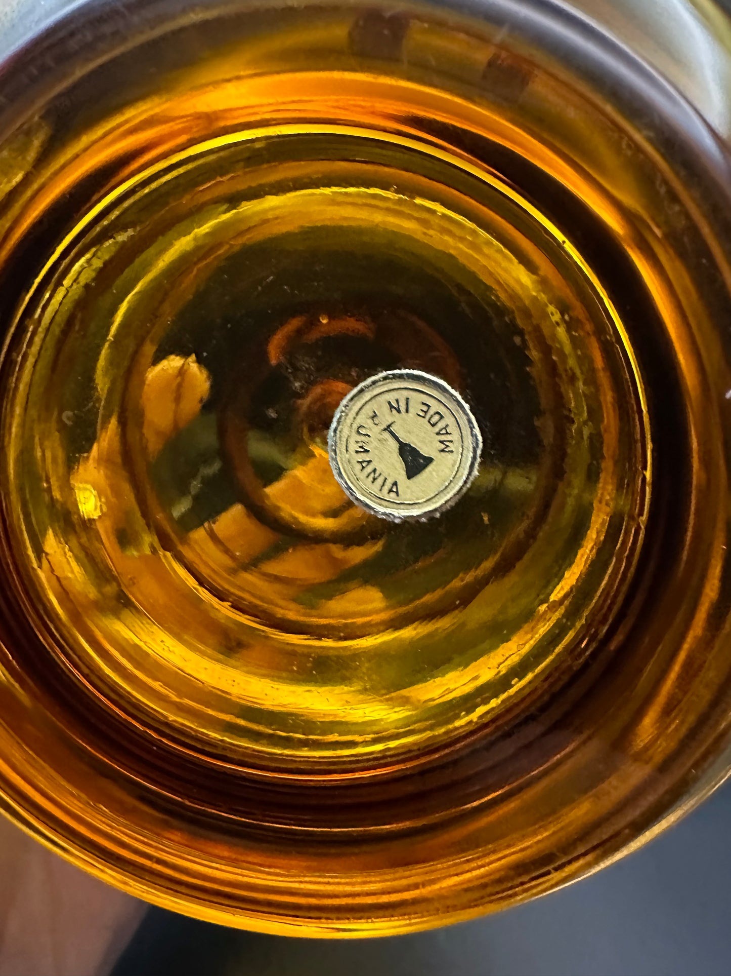 Vintage Amber Glass Candy Dish with Lid – Made in Romania, Mid-Century Spiral Gold Plated Design