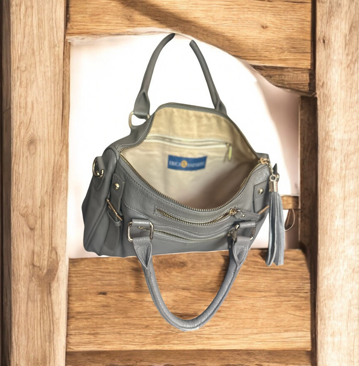 Erica Anenberg Pebbled Leather Satchel Handbag in Gray with Tassel Detail