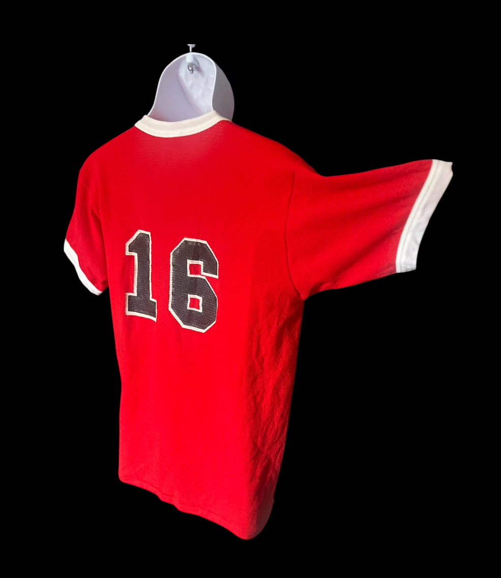 Vintage 70s Inverness Elks Team Tee – Red Varsity V-Neck Jersey #16