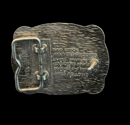 Hesston National Finals Rodeo (NFR) youth mini belt buckle from 1985, designed by Fred Fellows.