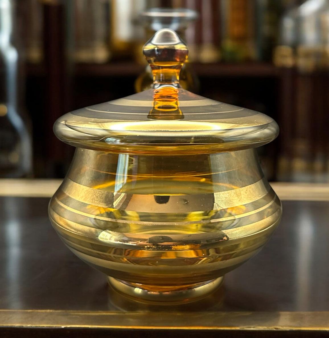 Vintage Amber Glass Candy Dish with Lid – Made in Romania, Mid-Century Spiral Gold Plated Design