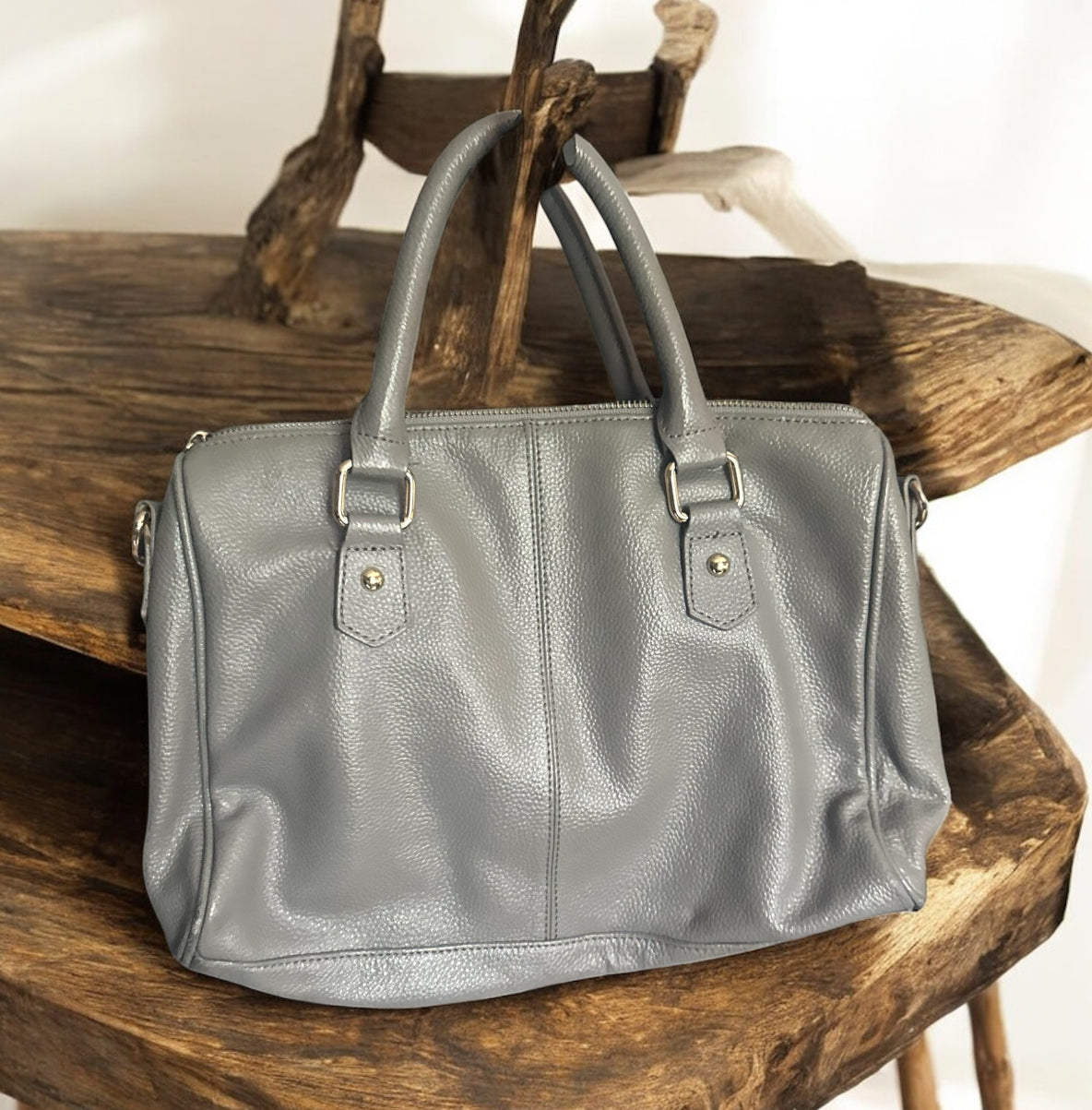 Erica Anenberg Pebbled Leather Satchel Handbag in Gray with Tassel Detail