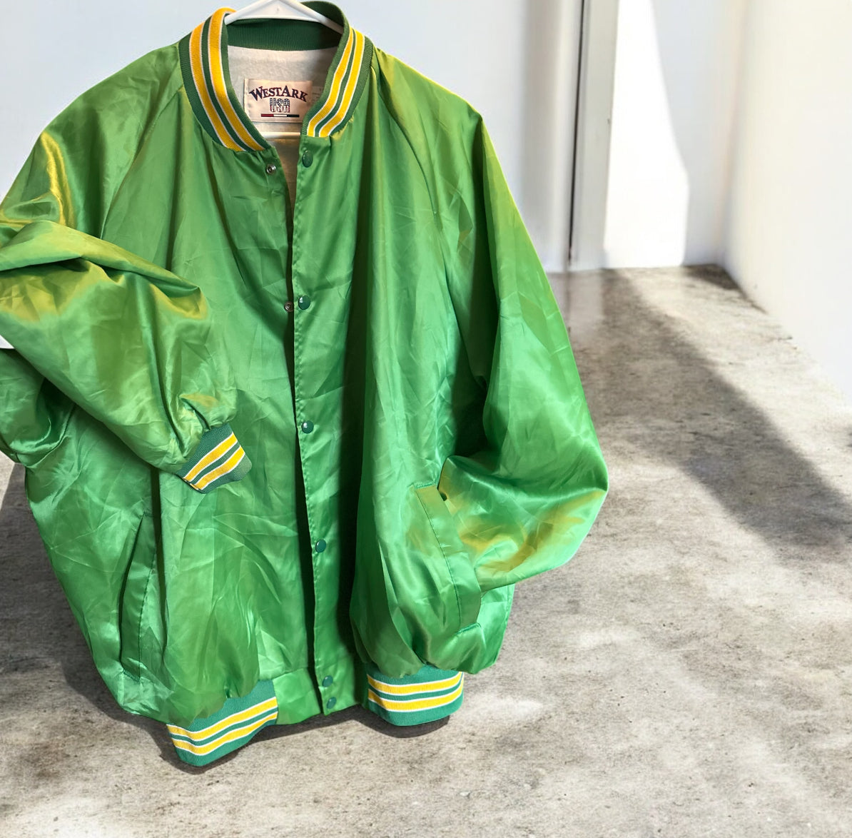Vintage 1980s Westark USA Green Satin Coach Jacket – 40th Anniversary A.A.A. (Made in USA, XL)
