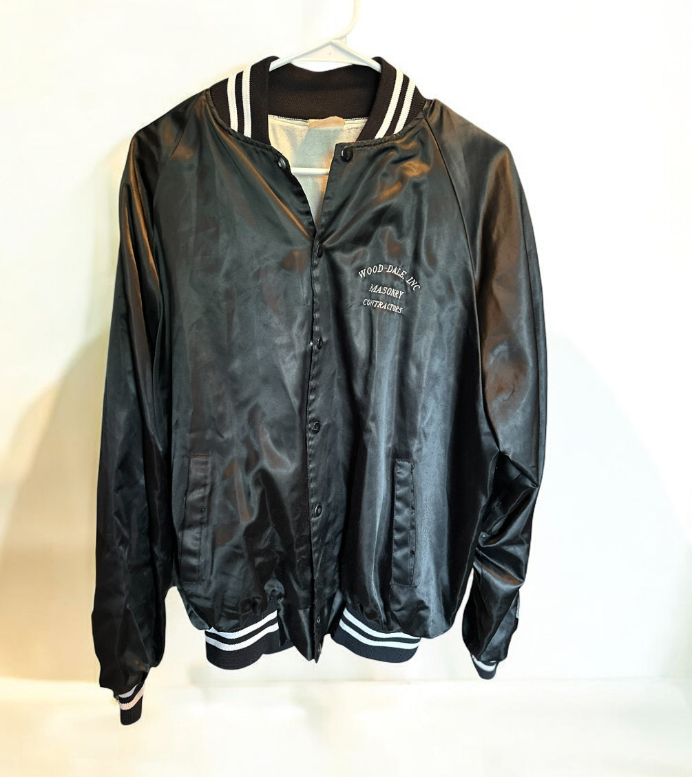 Vintage Black Satin “Wood-Dale Inc. Masonry Contractors” Jacket – 1980s Varsity Style (Made in USA, XL)
