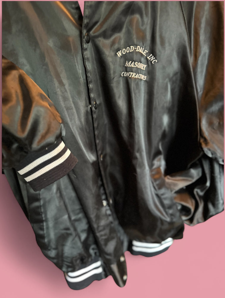 Vintage Black Satin “Wood-Dale Inc. Masonry Contractors” Jacket – 1980s Varsity Style (Made in USA, XL)