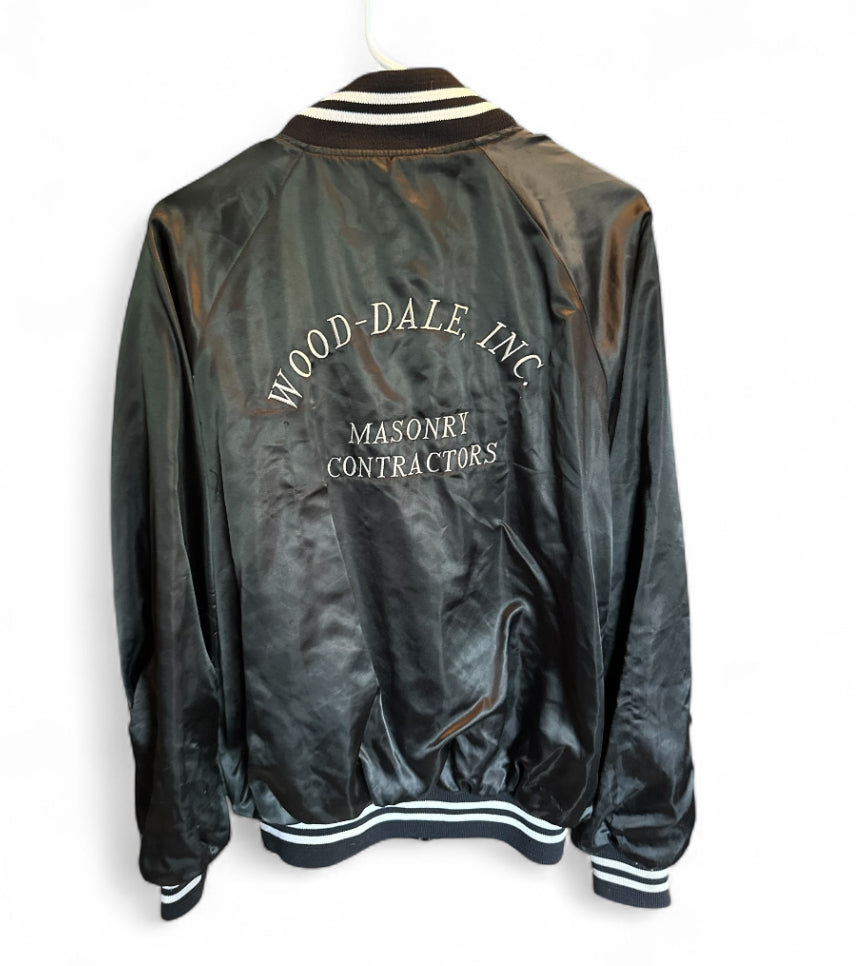 Vintage Black Satin “Wood-Dale Inc. Masonry Contractors” Jacket – 1980s Varsity Style (Made in USA, XL)