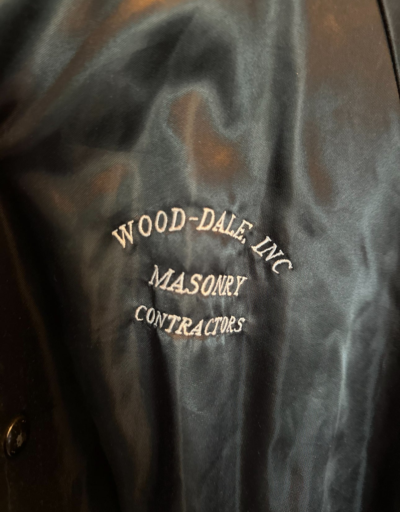 Vintage Black Satin “Wood-Dale Inc. Masonry Contractors” Jacket – 1980s Varsity Style (Made in USA, XL)