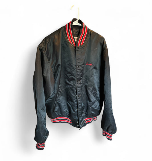 Vintage Birdie “Jackson Band” Satin Varsity Jacket – 1980s Made in USA (XL)