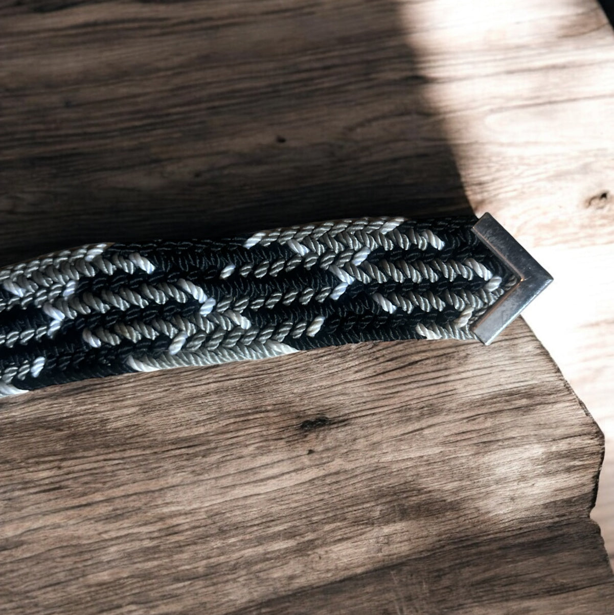 Vintage Braided Western Belt – Black, White & Silver Woven Pattern (52”)