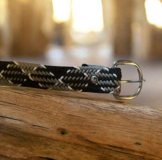 Vintage Braided Western Belt – Black, White & Silver Woven Pattern (52”)