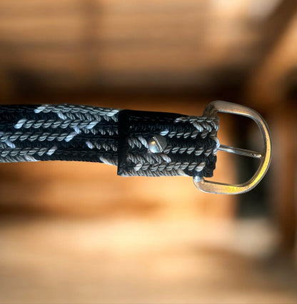 Vintage Braided Western Belt – Black, White & Silver Woven Pattern (52”)