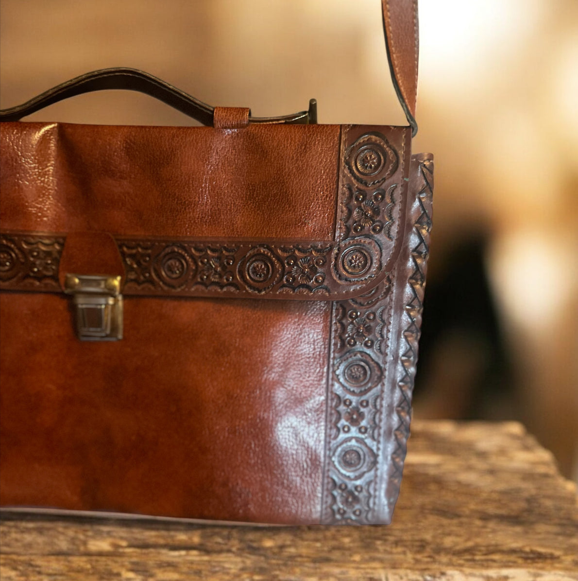 70's Vintage Tooled Leather Satchel Bag – Western Floral Design in Rich Chestnut Brown