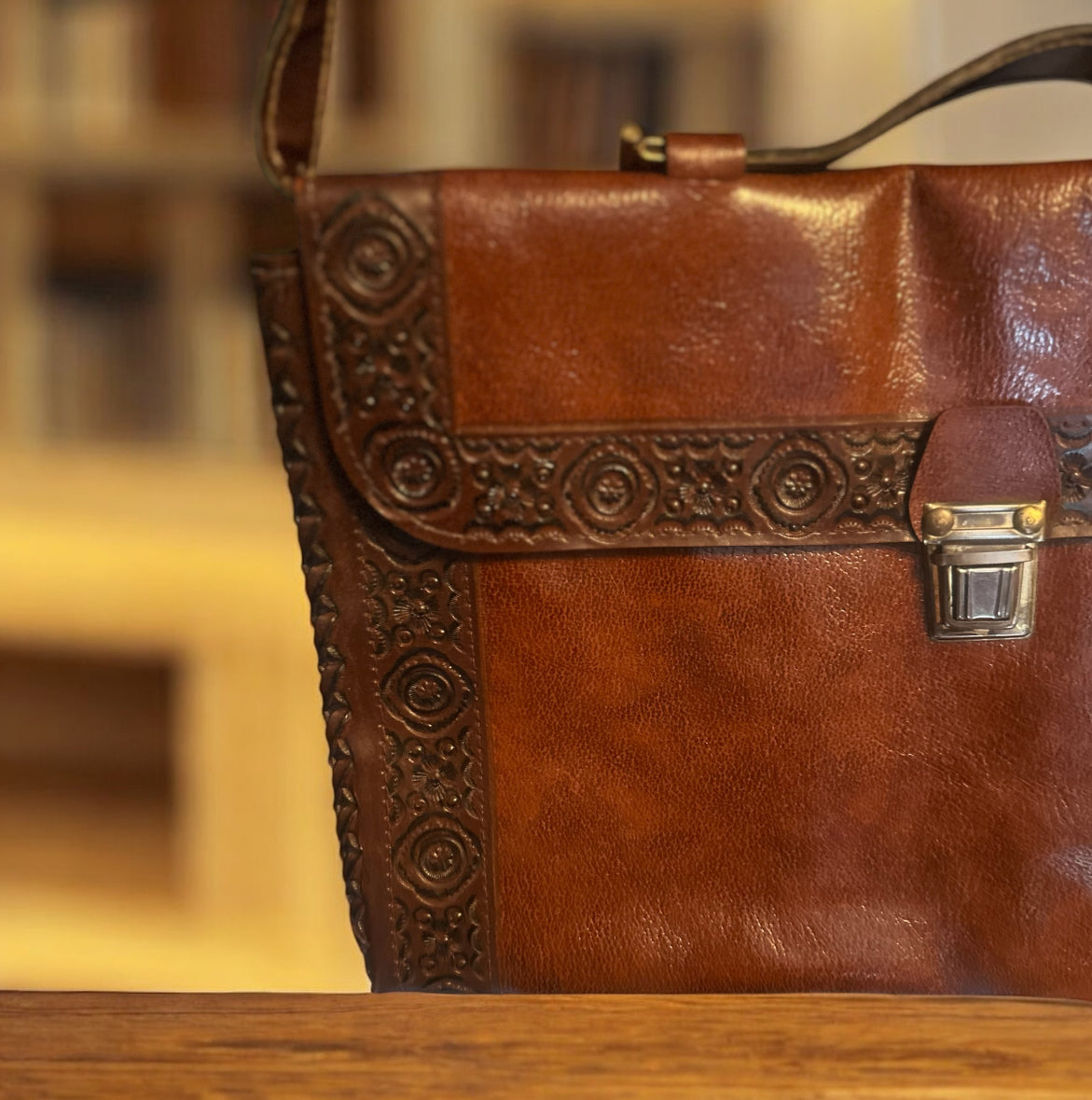 70's Vintage Tooled Leather Satchel Bag – Western Floral Design in Rich Chestnut Brown