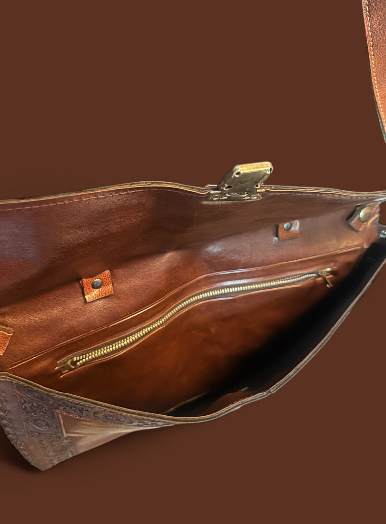 70's Vintage Tooled Leather Satchel Bag – Western Floral Design in Rich Chestnut Brown