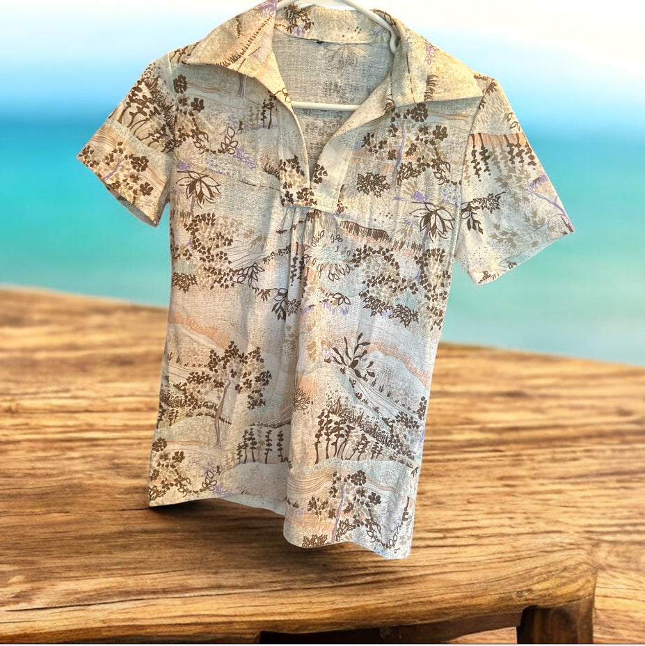 Vintage 70s-Style Landscape Print Shirt – Size Small