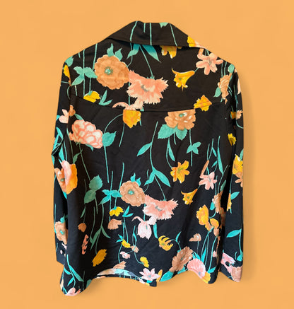 🌸 Vintage 1970s Black Floral Button-Up Blouse (Medium)