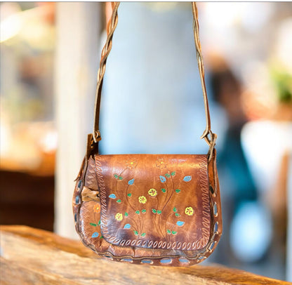 Vintage Hand-Tooled Leather Floral Crossbody Purse