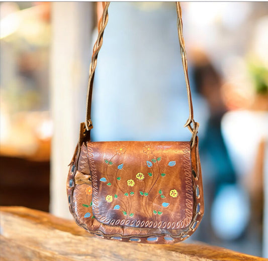 Vintage Hand-Tooled Leather Floral Crossbody Purse