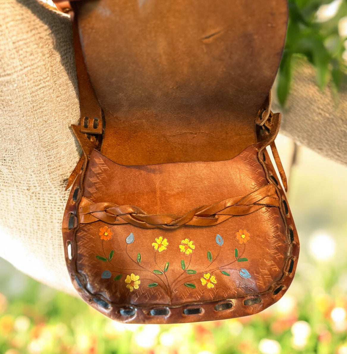 Vintage Hand-Tooled Leather Floral Crossbody Purse