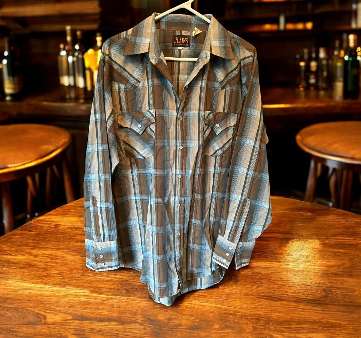 Vintage Plains Western Wear Snap Shirt – Brown & Blue Plaid (Size L)