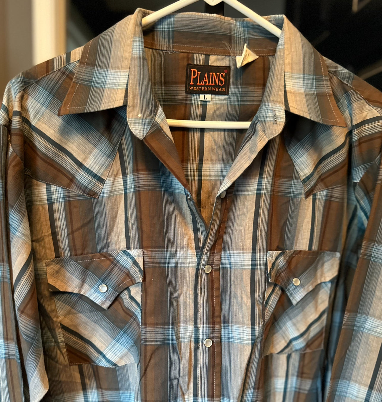 Vintage Plains Western Wear Snap Shirt – Brown & Blue Plaid (Size L)