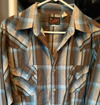 Vintage Plains Western Wear Snap Shirt – Brown & Blue Plaid (Size L)