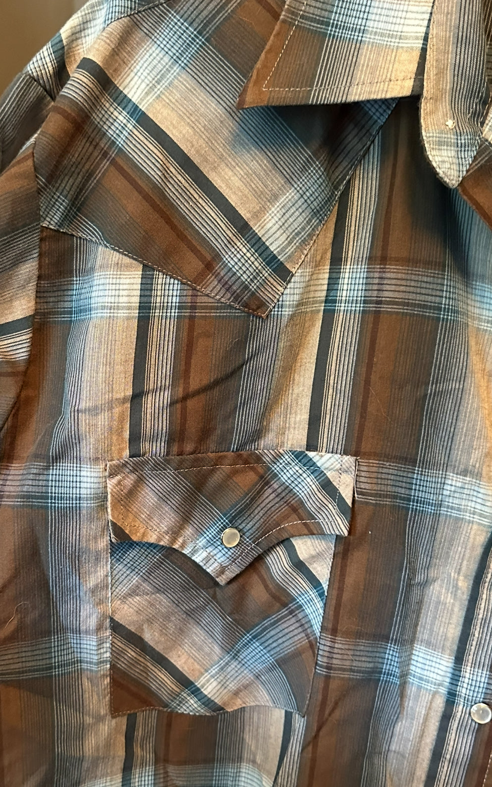 Vintage Plains Western Wear Snap Shirt – Brown & Blue Plaid (Size L)