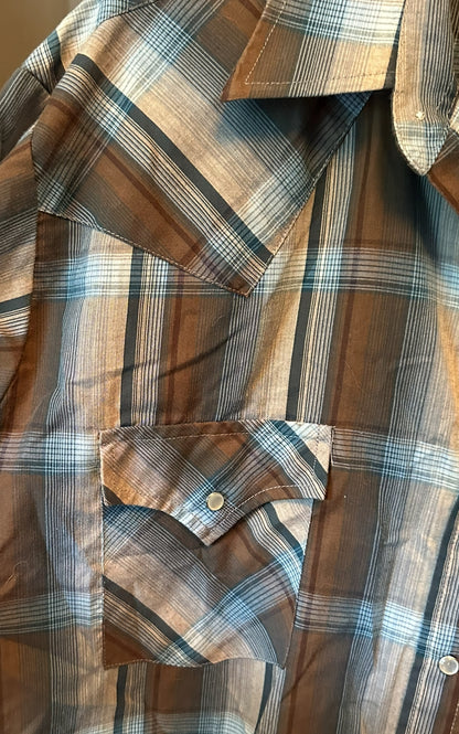Vintage Plains Western Wear Snap Shirt – Brown & Blue Plaid (Size L)