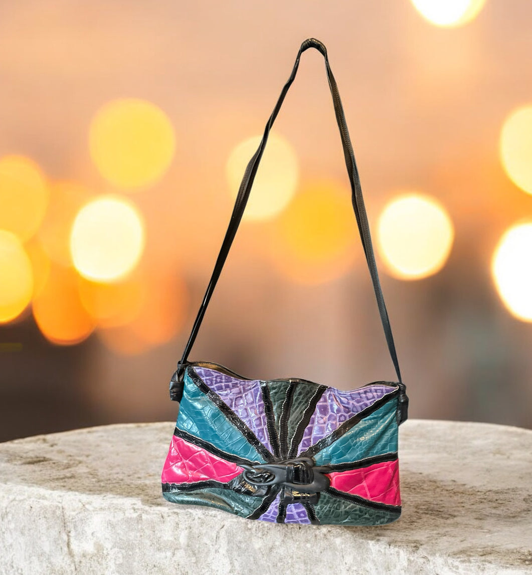 Vintage 80s Faux Croc Patch Shoulder Bag – Jewel-Tone Mix