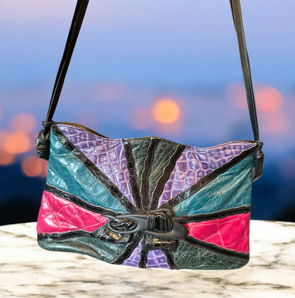 Vintage 80s Faux Croc Patch Shoulder Bag – Jewel-Tone Mix