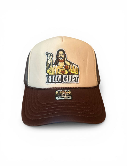 “Buddy Christ Patch Trucker Hat – Retro Foam Front Snapback | Vintage Style Faith Humor Hat”