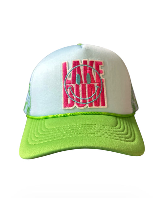 Lake Day Smiley Trucker Hat – Neon Lime & Sky Blue Vibes