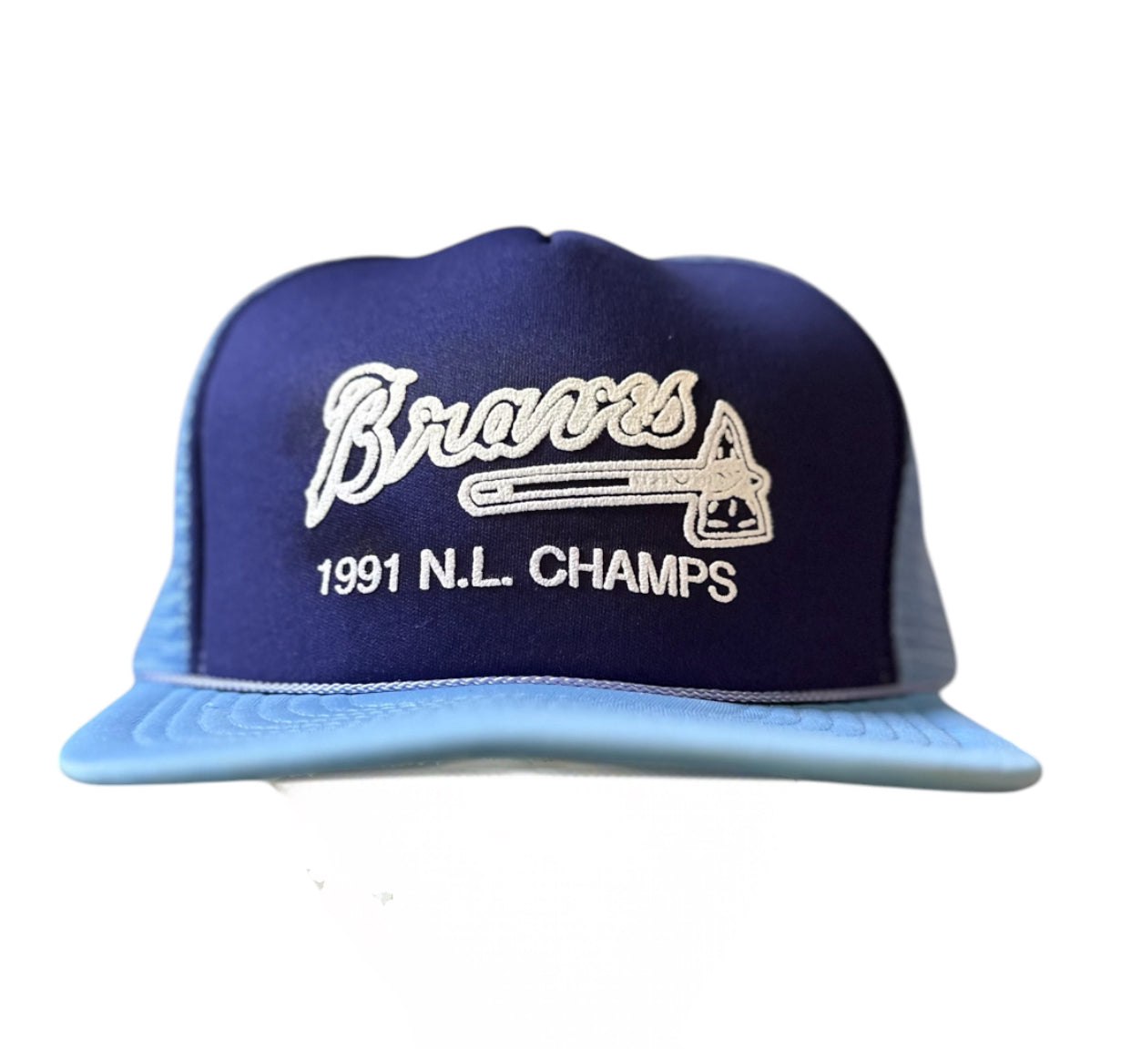 Vintage Atlanta Braves 1991 NL Champs Trucker Hat – Navy & Light Blue Snapback