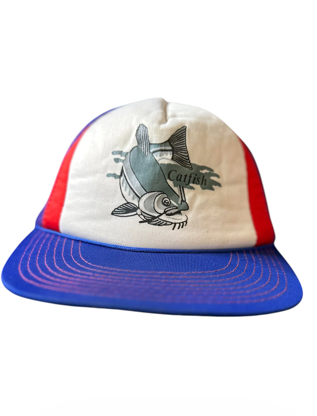 Vintage Catfish Trucker Hat – Retro Fishing Snapback Cap (Red/White/Blue)