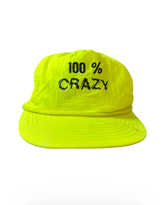 Vintage “100% Crazy” Neon Snapback Hat – Retro Highlighter Yellow Cap