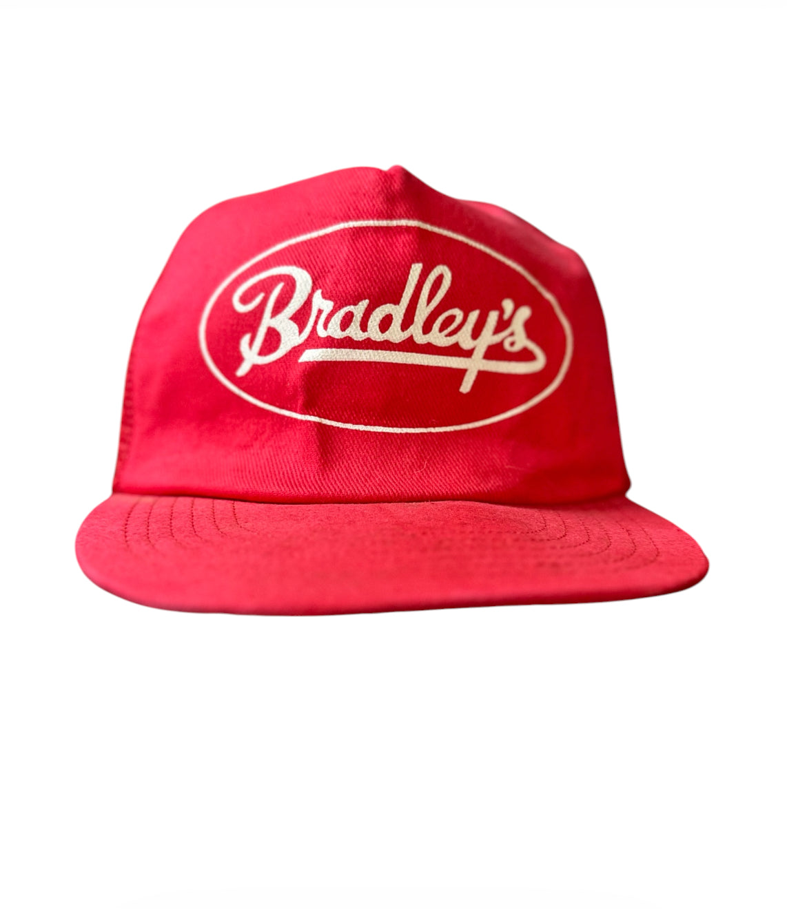 Vintage Bradley’s Red Trucker Hat – Retro Script Snapback Cap