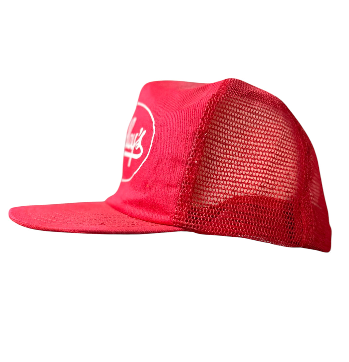 Vintage Bradley’s Red Trucker Hat – Retro Script Snapback Cap
