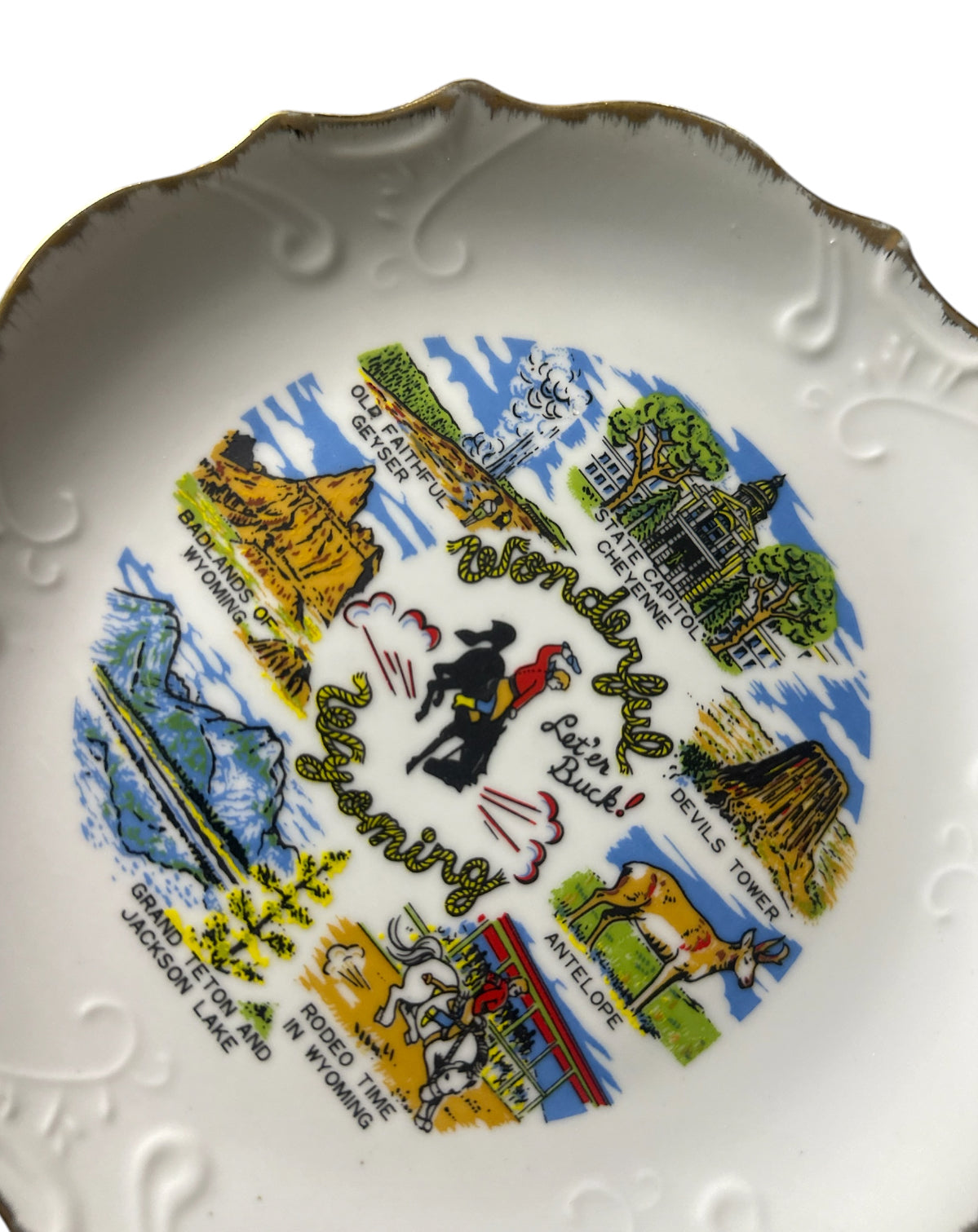 Vintage Wyoming Collector Plate – Cowboy & Landmark Wall Hanging