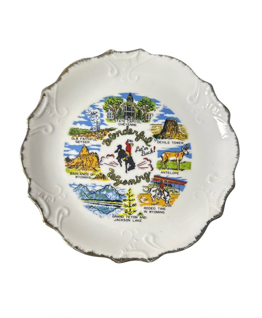 Vintage Wyoming Collector Plate – Cowboy & Landmark Wall Hanging