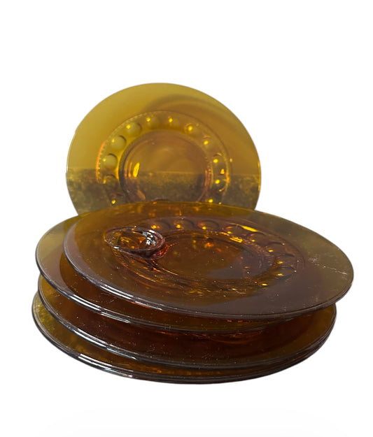 Vintage Amber Glass Snack Plates w/ Dip Well – Set of 5