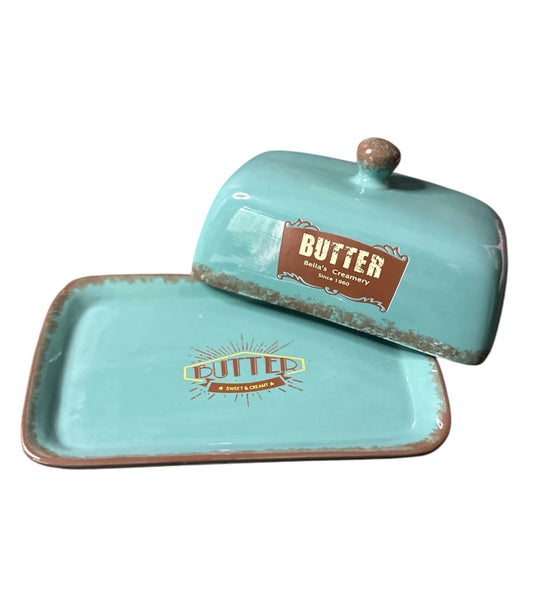 Farmhouse Turquoise Ceramic Butter Dish with Lid – Rustic Vintage Style Kitchen Decor